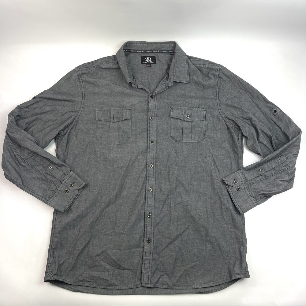 Rock & Republic Long Sleeve Button Up Dark Gray Streetwear Shirt Men's Size 2XL